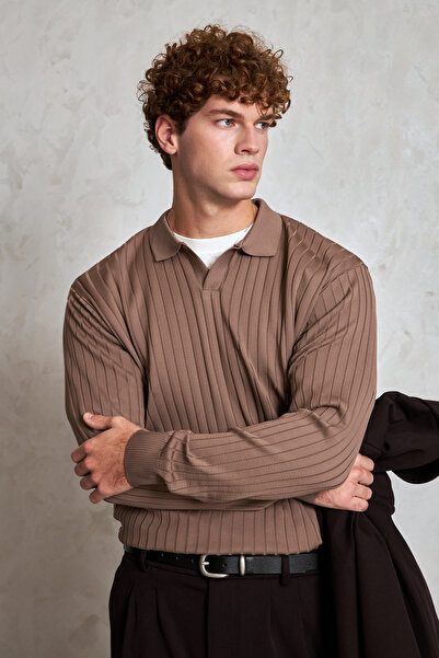 HYMAN Men's Polo Collar Ribbed Oversize Knitwear Sweater