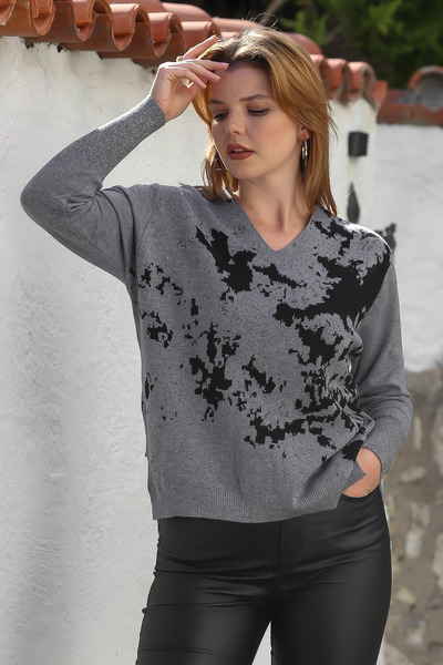 Chiccy Gray Melange V-Neck Long Sleeve Patterned Slit Glitter Casual Knitwear Sweater 65 60