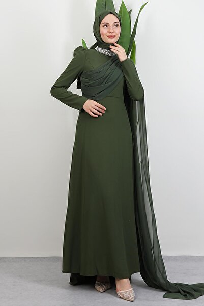 GİYZAMİLA Φόρεμα με πέτρες στο λαιμό χακί