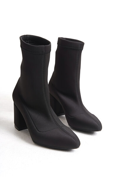 FEMME Kadın Kalın Topuklu Sivri Burun Streç Scuba Günlük Bot Liva