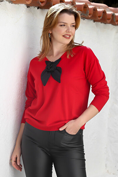 Chiccy Κόκκινο πουλόβερ με μακρυμάνικο λαιμόκοψη με λεπτομέρεια φιόγκου casual πλεκτό πουλόβερ 65 60