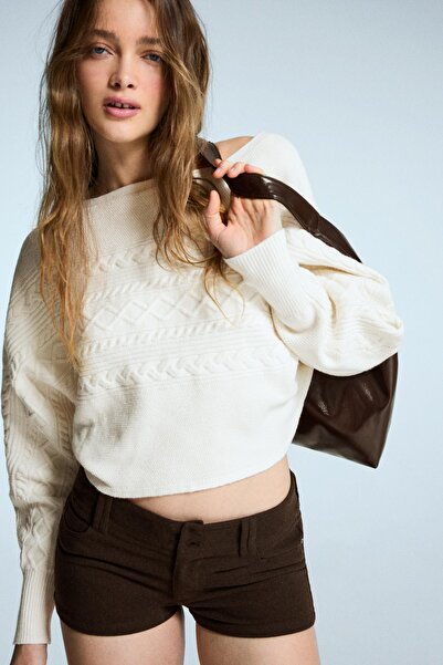 Bershka Geniş yaka saç örgülü kazak