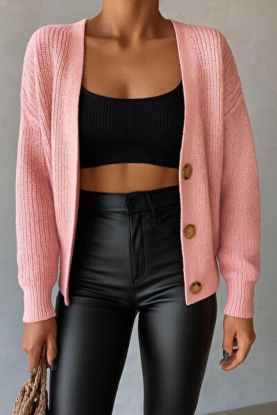 Valeria Butik Women's V-Neck Buttoned Oversize Knitwear Cardigan