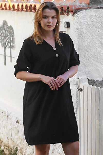 Chiccy Italian Black Shirt Collar Buttoned Long Sleeve Casual Velvet Woven Dress with Pockets 98 56