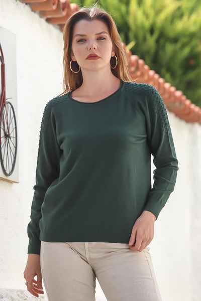 Chiccy Pulover tricotaj ajurat casual cu mâneci raglan, verde închis, cu gât barcă 65 60