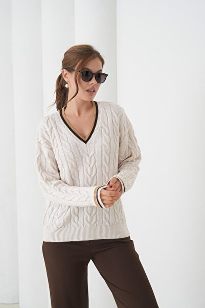 Miss Allos Women's V-Neck Knitted Patterned Sweater with Line Detail on the Collar and Sleeves