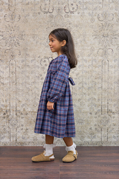 KÜÇÜĞÜM BUTİK Girl's Navy Blue Plaid Long Sleeve Dress