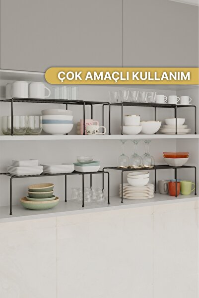 Bino 4 ADET Genişletilebilir Dolap İçi Düzenleyici Raf Organizer Siyah Metal Ayarlanabilir 2 Parçalı