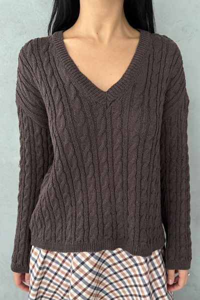 Seda Yalçın Atelier Плетен пуловер с V-образно деколте, коса и кафе