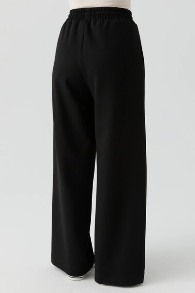 Tuğba Bel Lastikli Nervürlü Örme Pantolon - Siyah