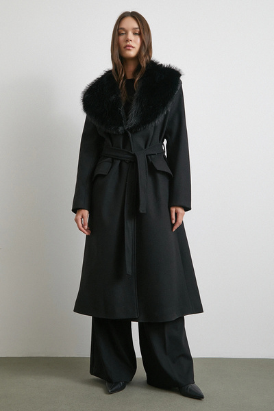 Never more Fur Collar Belted Cashmere Coat Black