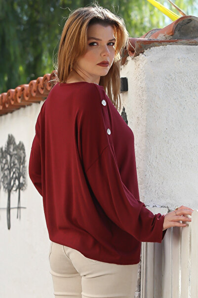 Chiccy Italian Burgundy Pool Neck Long Sleeve Buttoned Casual O Oversized Knitwear Sweater 72 78
