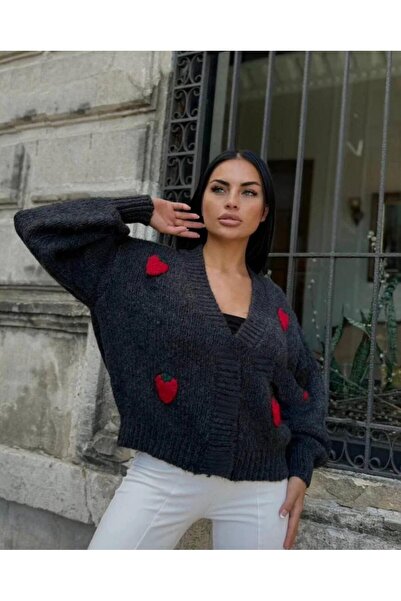 NOTCHTR Women's Oversized Strawberry Knit Buttonless Balloon Sleeve Special Design Knitwear Cardigan