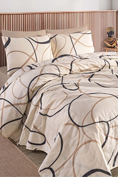 Eponj Home Kapitone Yatak Örtüsü Seti Çift Kişilik Line Rondom Krem