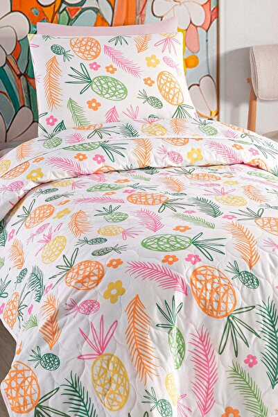 Eponj Home Yatak Örtüsü Seti Tek Kişilik Pamuklu 2 Parça – Tropik Desen – Beyaz / Yumuşak Dokulu