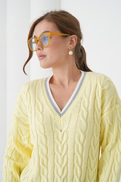 Miss Allos Women's V-Neck Knitted Patterned Sweater with Line Detail on the Collar and Sleeves