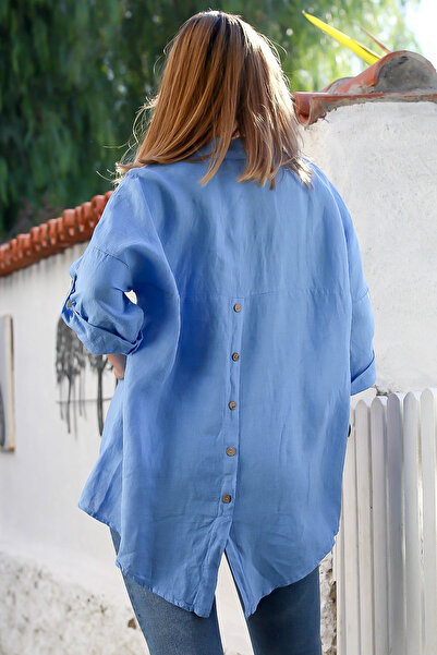 Chiccy Italian Light Blue Shirt Collar Buttoned Long Sleeve Pocket Linen Back Long O Oversized Woven Blouse 75 70