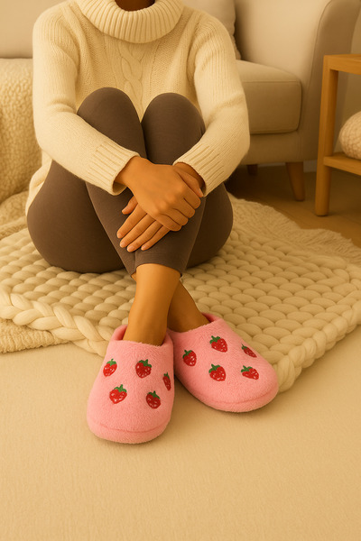 ALB TERLİK AYAKKABI SAN. TİC. LTD. ŞTİ. Women's Strawberry Patterned Plush House Slippers – Soft, Warm, Non-Slip Sole Winter Slippers