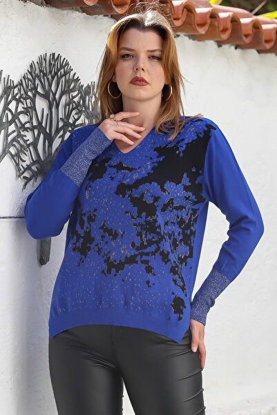 Chiccy Pulover tricotat casual cu mânecă lungă, cu decolteu în V, cu model cu fantă argintiu 65 60