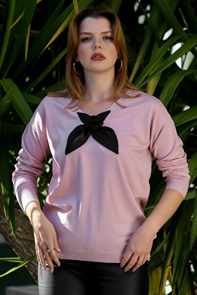 Chiccy Salmon Color V-Neck Long Sleeve Bow Detail Casual Knitwear Sweater 65 60