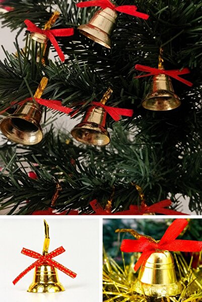 HediyeFilesi 12 قطعة زينة شجرة عيد الميلاد على شكل جرس صغير 3 سم زينة شجرة عيد الميلاد الذهبية مع شريط أحمر