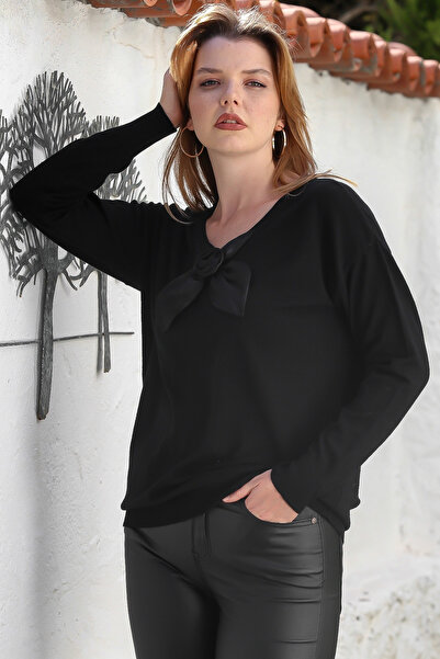 Chiccy Black V-Neck Long Sleeve Bow Detailed Casual Knitwear Sweater 65 60