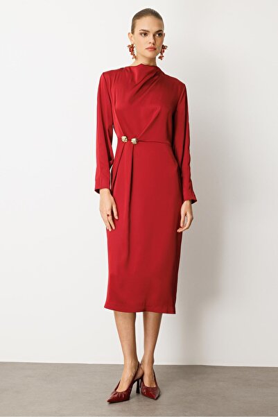 Nefeli Drapeli Yüksek Yaka Midi Elbise BORDO