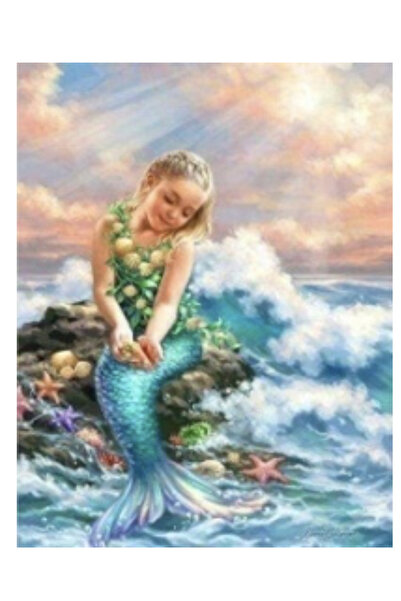 Krista Tablou pe pânză GM513 – Mica Sirenă, pictură 5D cu diamant și pietre, ramă din lemn, 40x50 cm