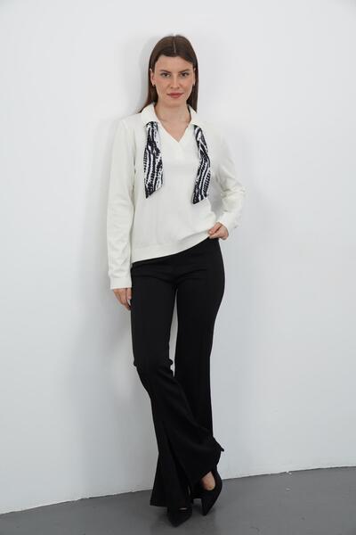 penyebizden Polo Neck Scarf Long Sleeve Knitwear-Ecru