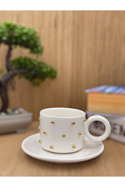 Turna Seramik Altın Boncuklu Double Kahve Fincan Seti