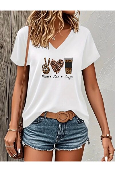 FUFLUNS Peace Love Coffee Printed Women's Oversize V-Neck T-Shirt