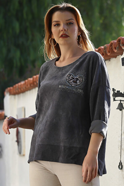 Chiccy Italian Anthracite Pool Neck Long Sleeve Casual Velvet Woven Sweatshirt with Stone Heart Applique 74 70