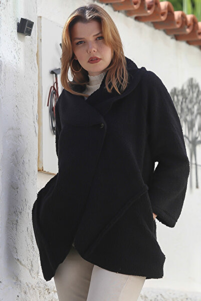 Chiccy Black Shawl Collar Long Sleeve Pocket Casual Plush Woven Jacket 80 65