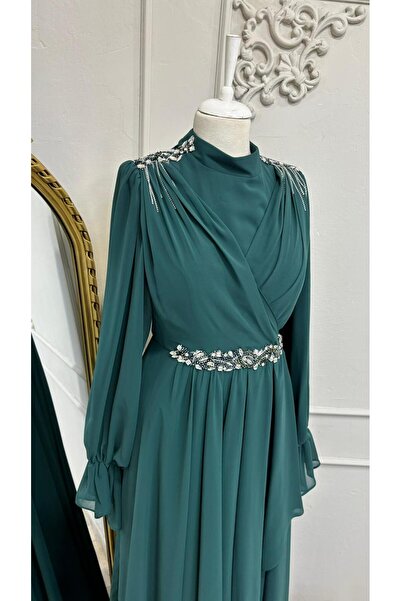 KADİR KORKMAZ GİYİM Yeşil Şifon Tesettür Abiye Elbise