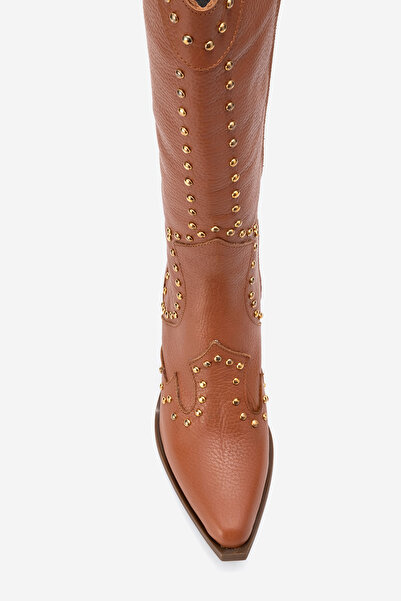 Dericlub Women's High Heel Pointed Toe Boots Real Leather Zy 1608 Taba