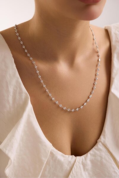 Nereze 925 Ayar Gümüş Rodyum Kaplama 90 Cm Uzunluk Beyaz 4 mm Zirkon Taşlı Kolye