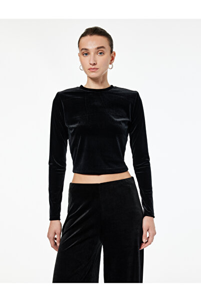 Koton Long Sleeve Crew Neck Slim Fit Velvet Crop T-Shirt