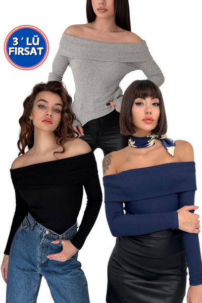 XELA PACHET DE 3 - PULOVER MADONNA CU GULER CU MANELE LUNGHE tricotaj cu stri...