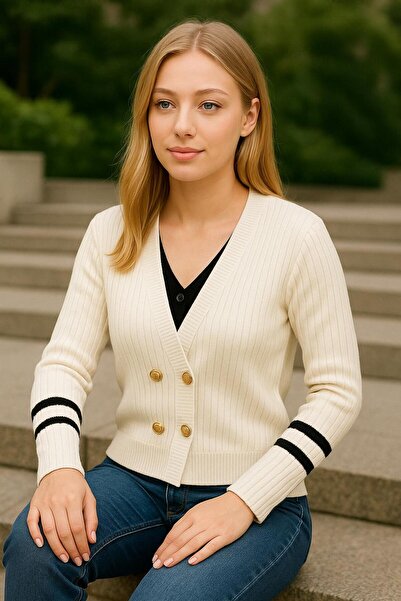 Sfg Life Moda Women's Gold Buttoned V-Neck Ribbed Sleeve Striped Detail Sweater-Cardigan