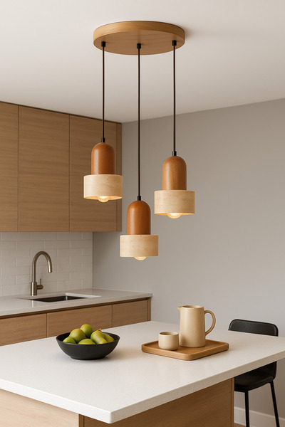 Baz Aydınlatma Traverten ve Ahşap Sarkıt Avize Üçlü– Doğal Taş & Masif Ahşap – Modern Rustik Tasarım