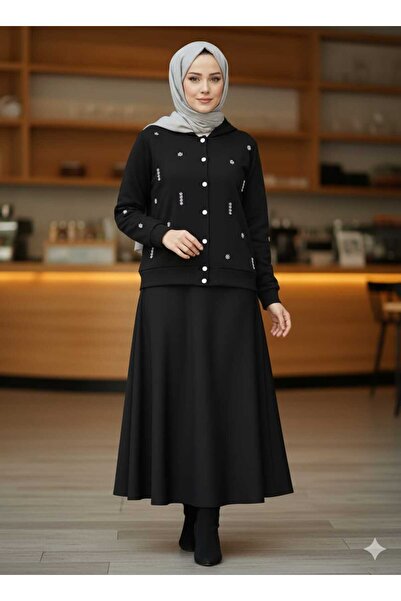 KMKkombin Women's New Season Bottom-Up Buttoned Stone-Embellished Skirt Suit