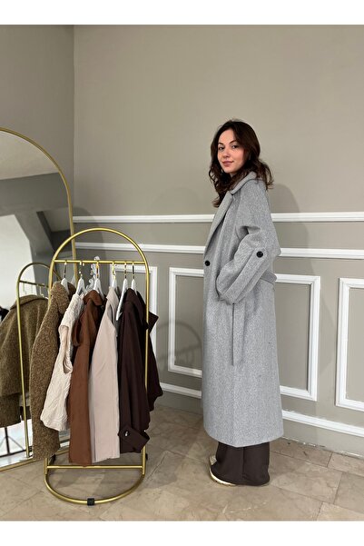 hot fashions Gri Bağlamalı Kaşe Kaban