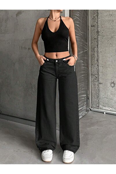 SİNGBADA Kadın Yüksek Bel Oversize Bol Paça Baggy Siyah Kot Pantolon