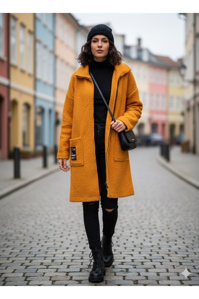 Store Kadın İtalyan Fermuarlı Uzun Keçe Kaban