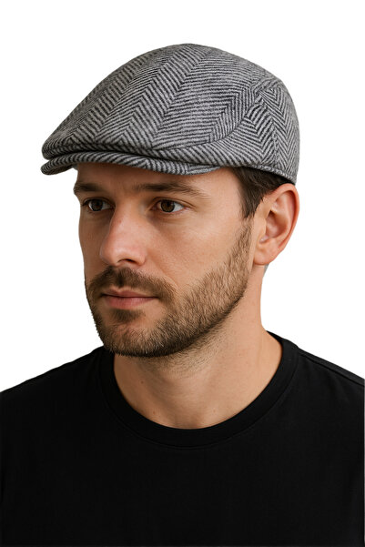 HatClub Exclusive Men's Winter Wool Fabric Standard Size Herringbone Open Gray London Cap with Elastic Back