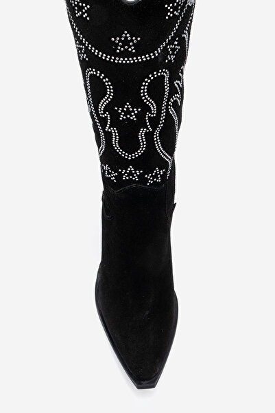 Dericlub Women's High Heel Pointed Toe Boots Real Suede Leather Zy 1609 Black