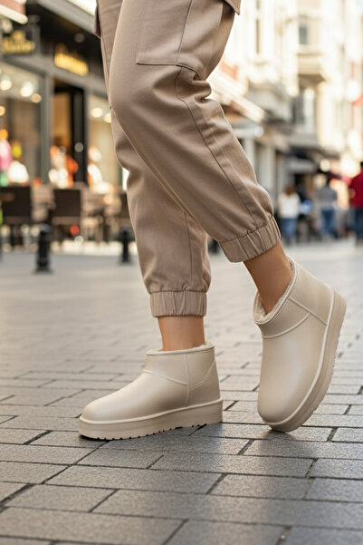 Dark Heel Kadın Bej Eva Kışlık İçi Kürk Su Geçirmez Kalın Taban Bot Rahat Gün...