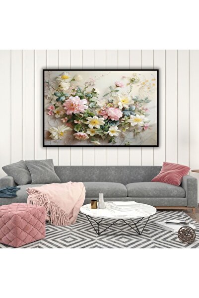 GAAGART Metal Çerçeveli Yatay Cam Tablo Soft Pembe ve Sarı Beyaz Çiçek