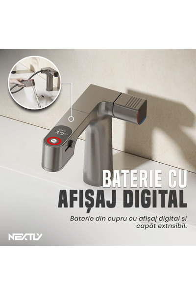 NEXTLY Baterie premium cu afișaj digital, pulverizator extractibil și funcție triplă, finisaj gri lucios