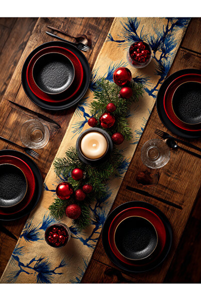 Medi Home Yılbaşı Indigo Breeze Fırça Desenli Çam Dalı Runner – Mavi & Bej